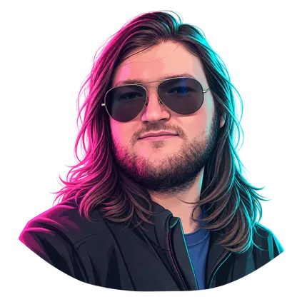 Illustrated portrait of Eugen: long hair, beard, aviator sunglasses, lit magenta on one side and cyan on the other.